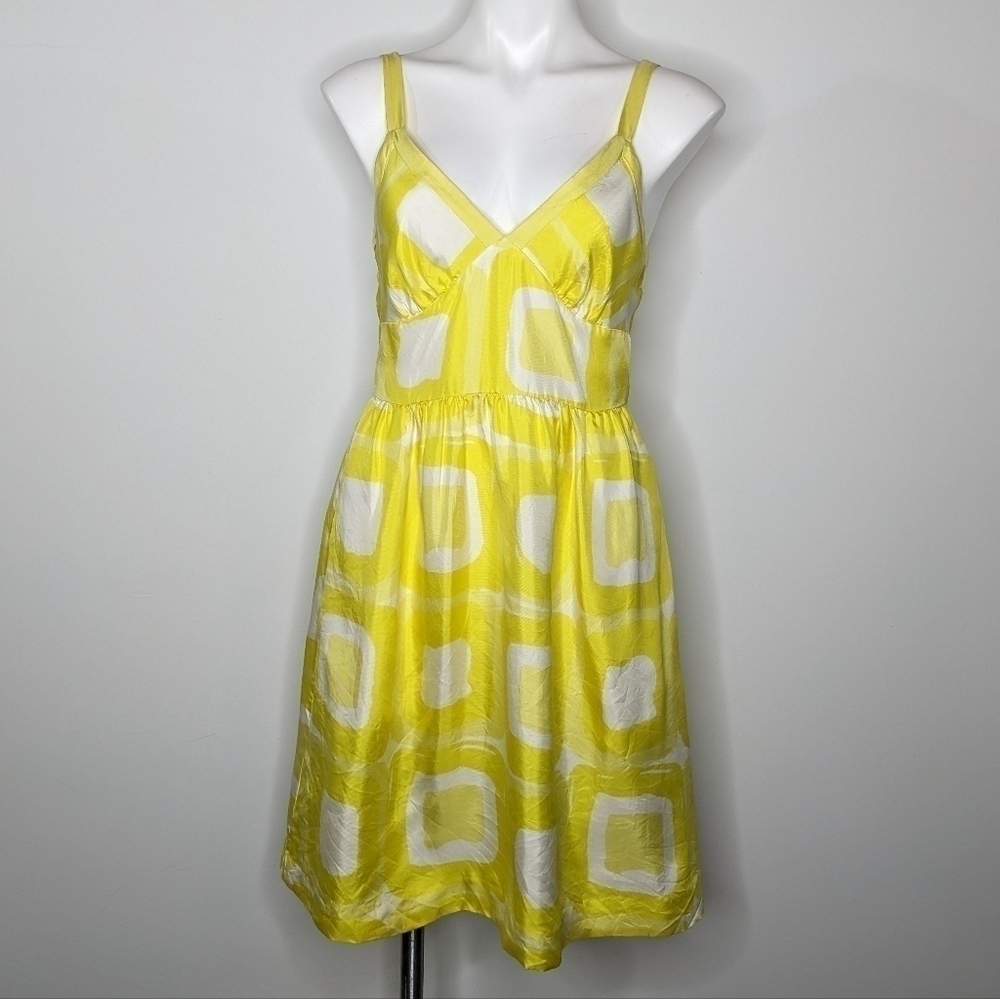Banana Republic white yellow square silk v neck summer dress 6